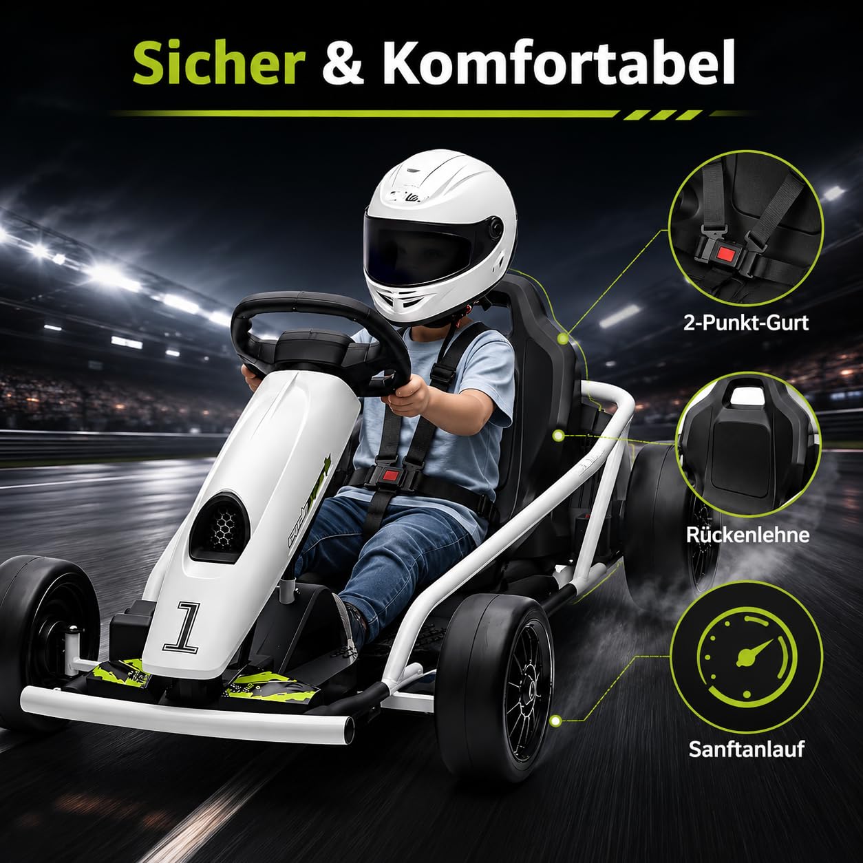IDEALHOUSE Elektro GoKart 24V, Kinderfahrzeug Mit Drift-Funktion | 24V Kinder Elektro GoKart mit 2x300W Motoren, Drift-Funktion, Sicherheitsgurt, Sanftanlauf, Musik und verstellbarem Sitz