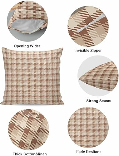 Miniatura 5 de Paquete de 2 fundas de almohada decorativas de algodón, a cuadros marrones otoñales, 18 x 18 pulgadas, cuadradas, reversibles, suaves, para sofá,