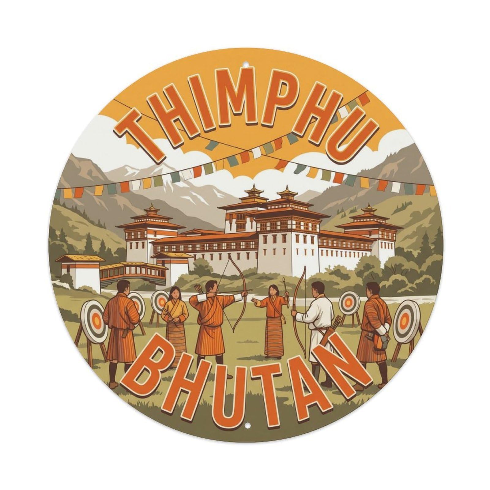 Yrnq 8X8inch Vintage Style Vintage Travel Thimphu Bhutan Dzong Metal Tin Sign