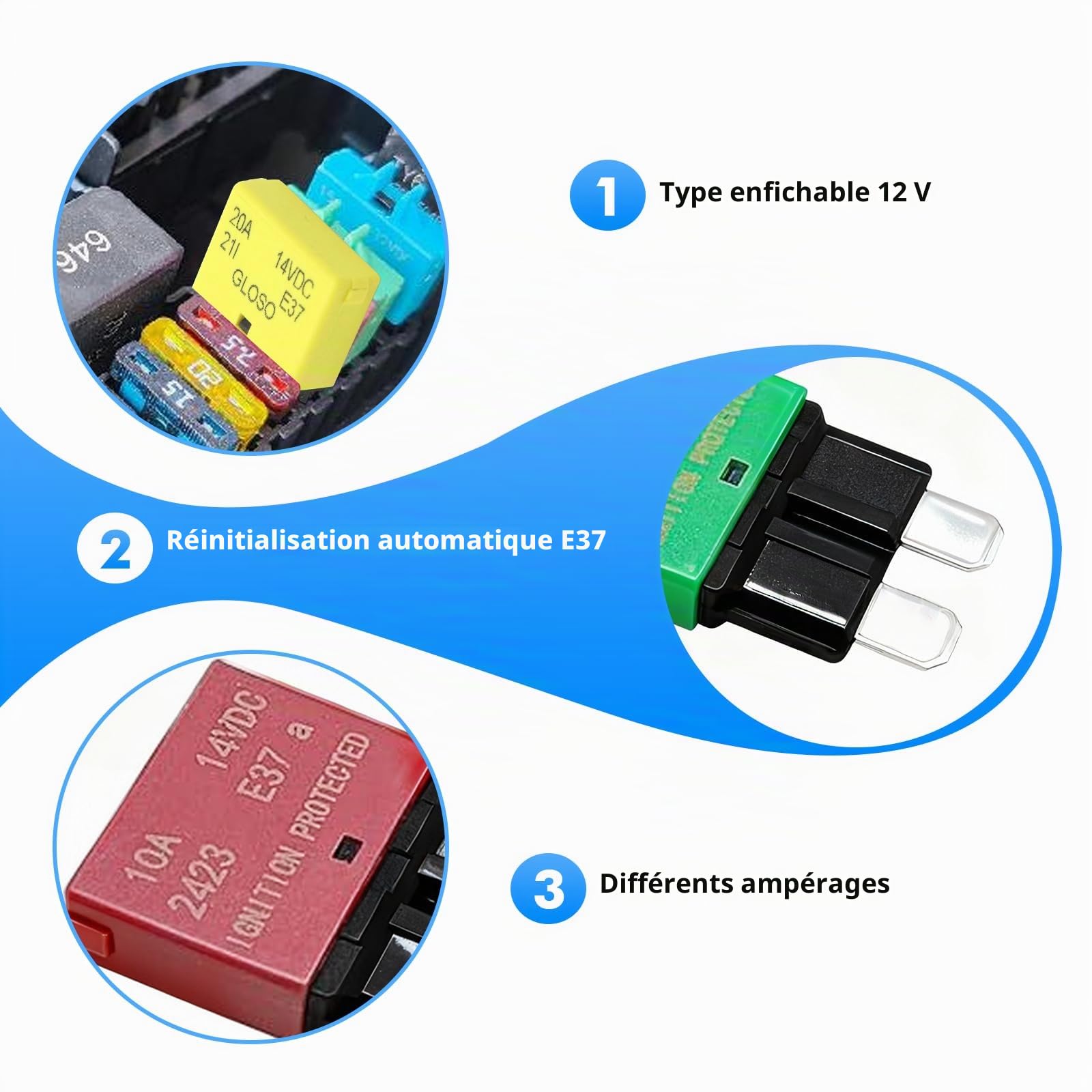 Lot de 6 fusibles de réinitialisation automatique DC 12 V 5 A 10 A 15 A 20 A 25 A 30 A E37 Disjoncteur faible profil pour voiture Fusibles plats avec réinitialisation automatique
