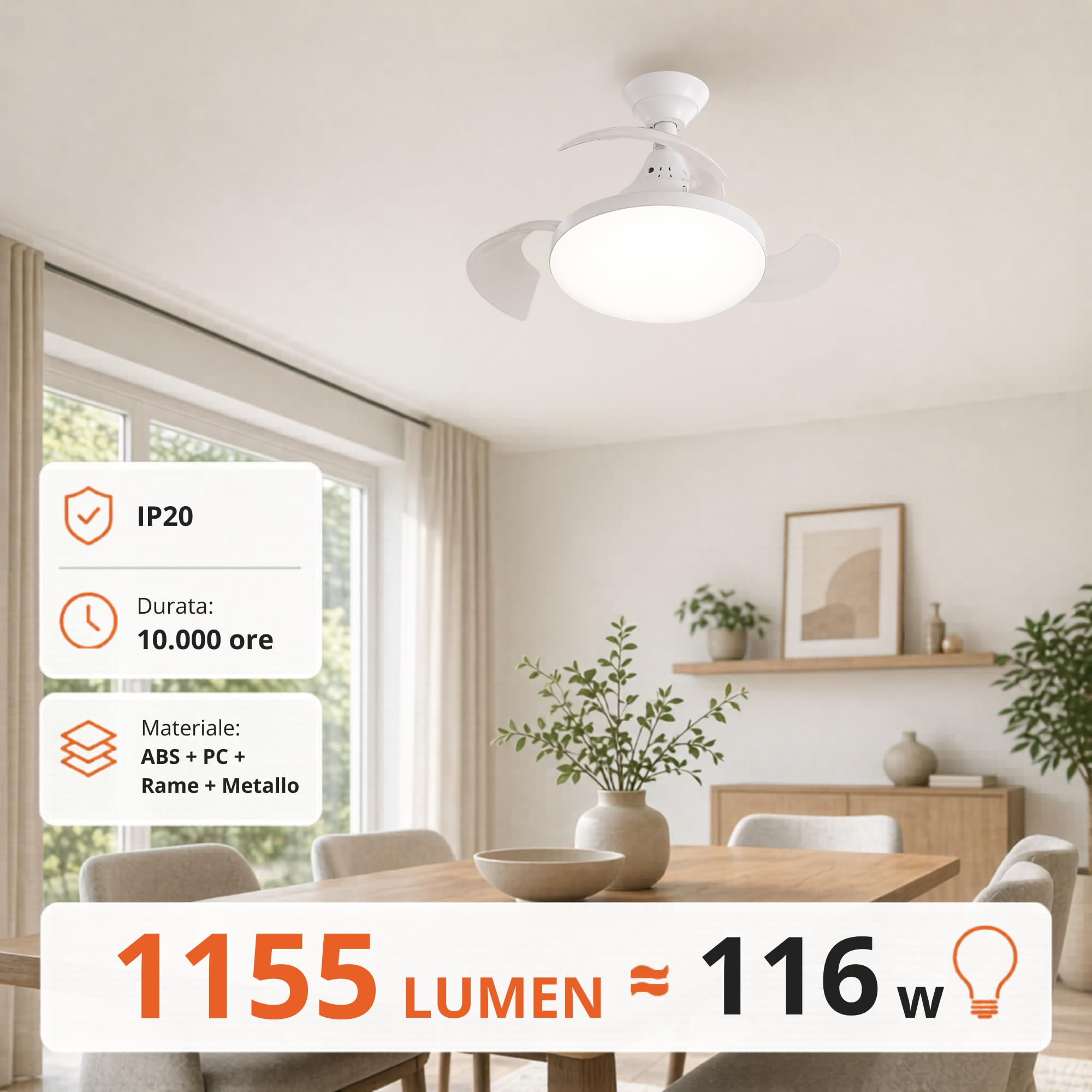 MAKA Ventilatore da Soffitto con Luce LED 22W E27, Telecomando 3 Velocità, Pale Retrattili, Motore 10W Silenzioso, 1155LM, 3000K 4000K 6500K, 220V IP20, per Bagno