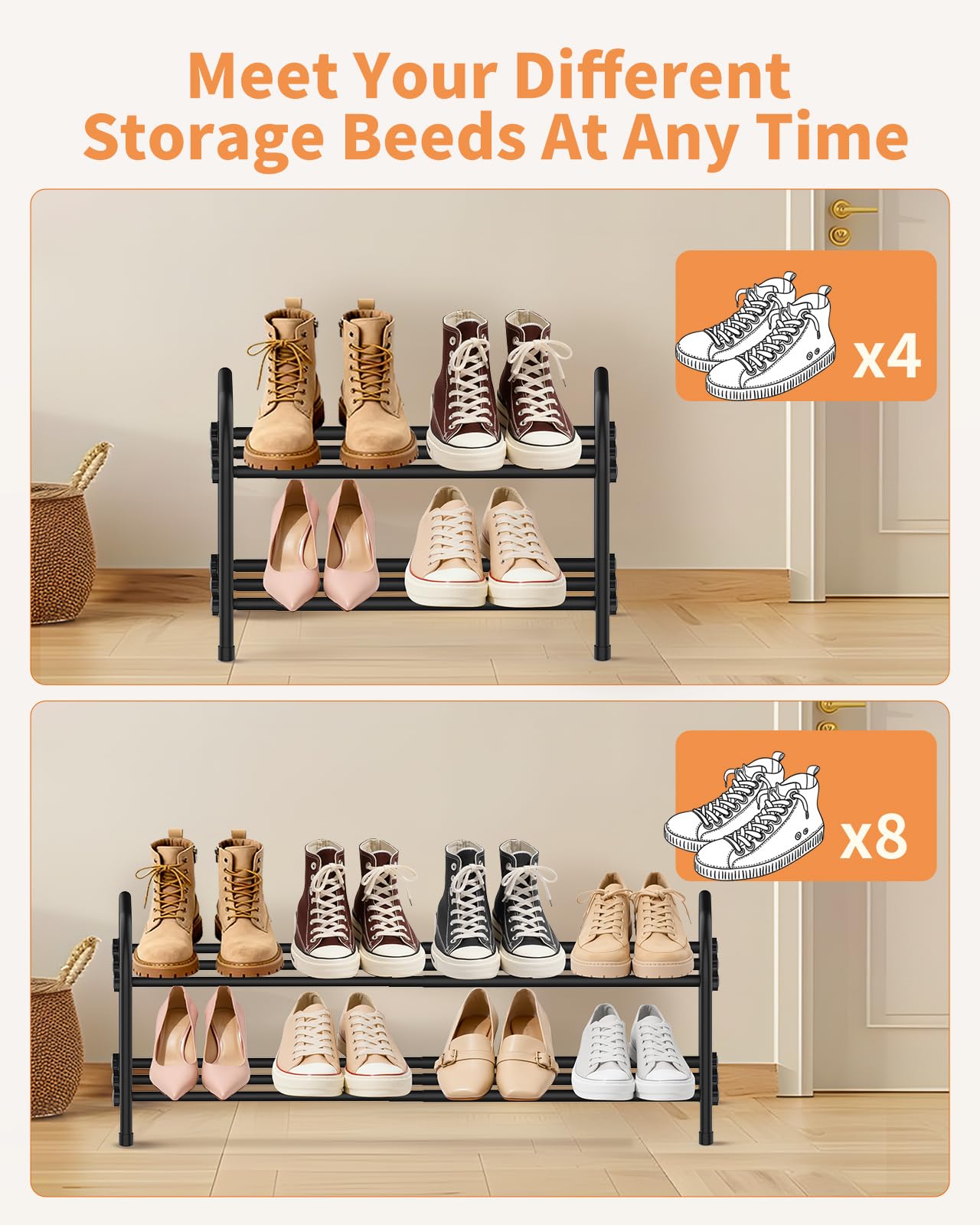 Scarpiera a 2 Livelli, Scarpiera Salvaspazio Espandibile in Metallo Portascarpe Aperta per 4-8 Paia di Scarpe per Ingresso, Soggiorno, Corridoio, Camera da Letto, Armadio (Nero)