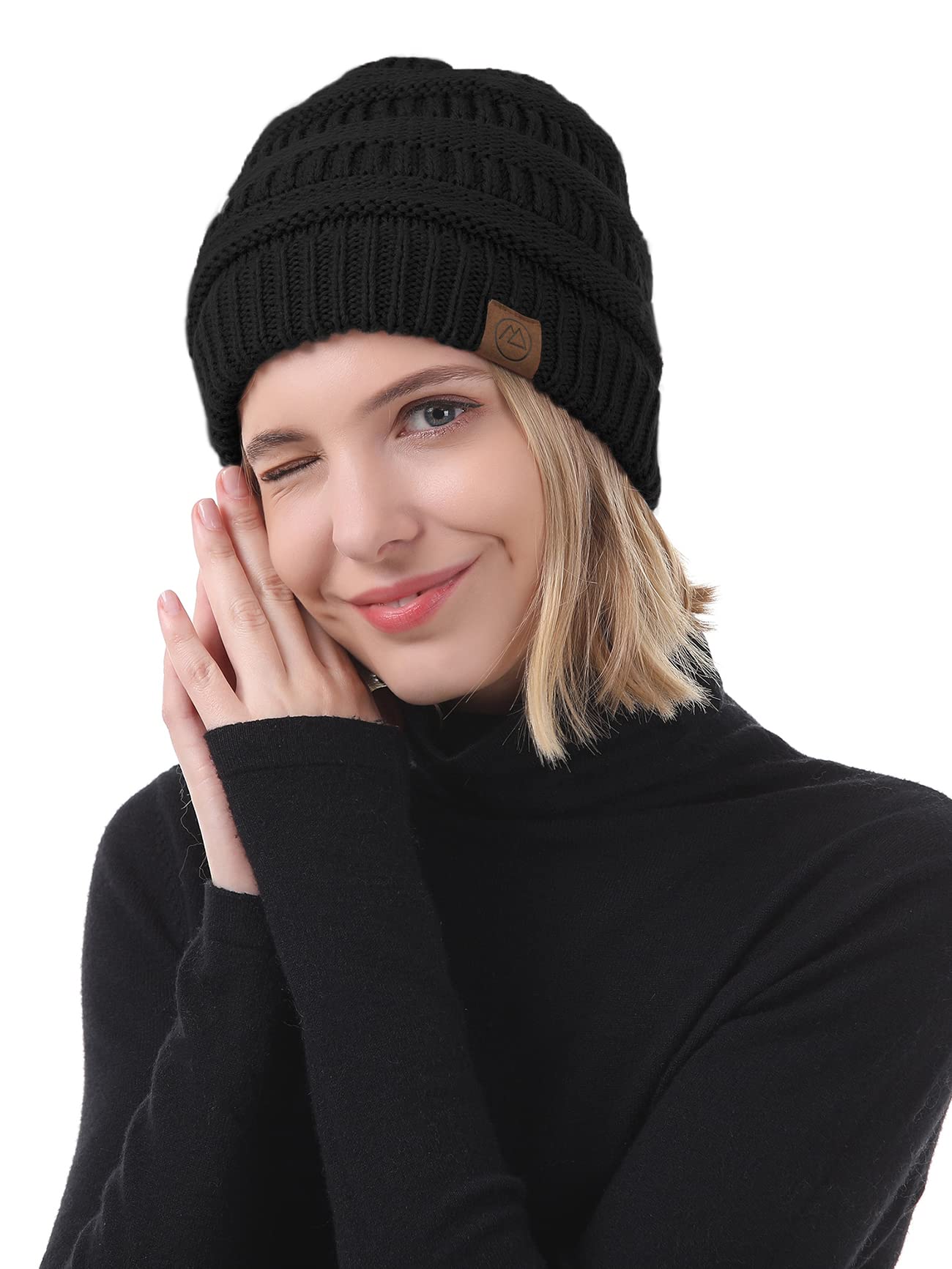 Gorros de invierno con forro de satén para mujer, gorro de invierno con forro de seda, gorro holgado para invierno, gorro de punto cálido con puños, Y negro y negro mezcla y negro gris mezcla, Talla