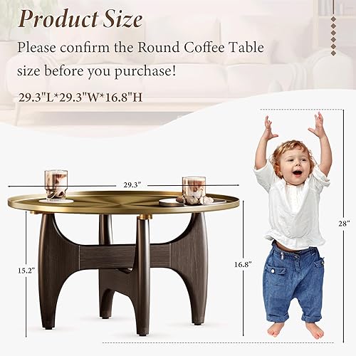 Miniatura 2 de Mesa de centro moderna de madera de nogal, mesa de centro redonda de 29 pulgadas con bandeja de acero inoxidable dorado cepillado, mesa de té de