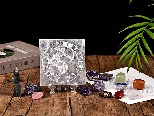 Miniatura 6 de AMOYSTONE Placa de carga de cristal de selenita para piedra de cristal curativo, piezas de selenita, losa cuadrada grabada Sagitario de 4 pulgadas