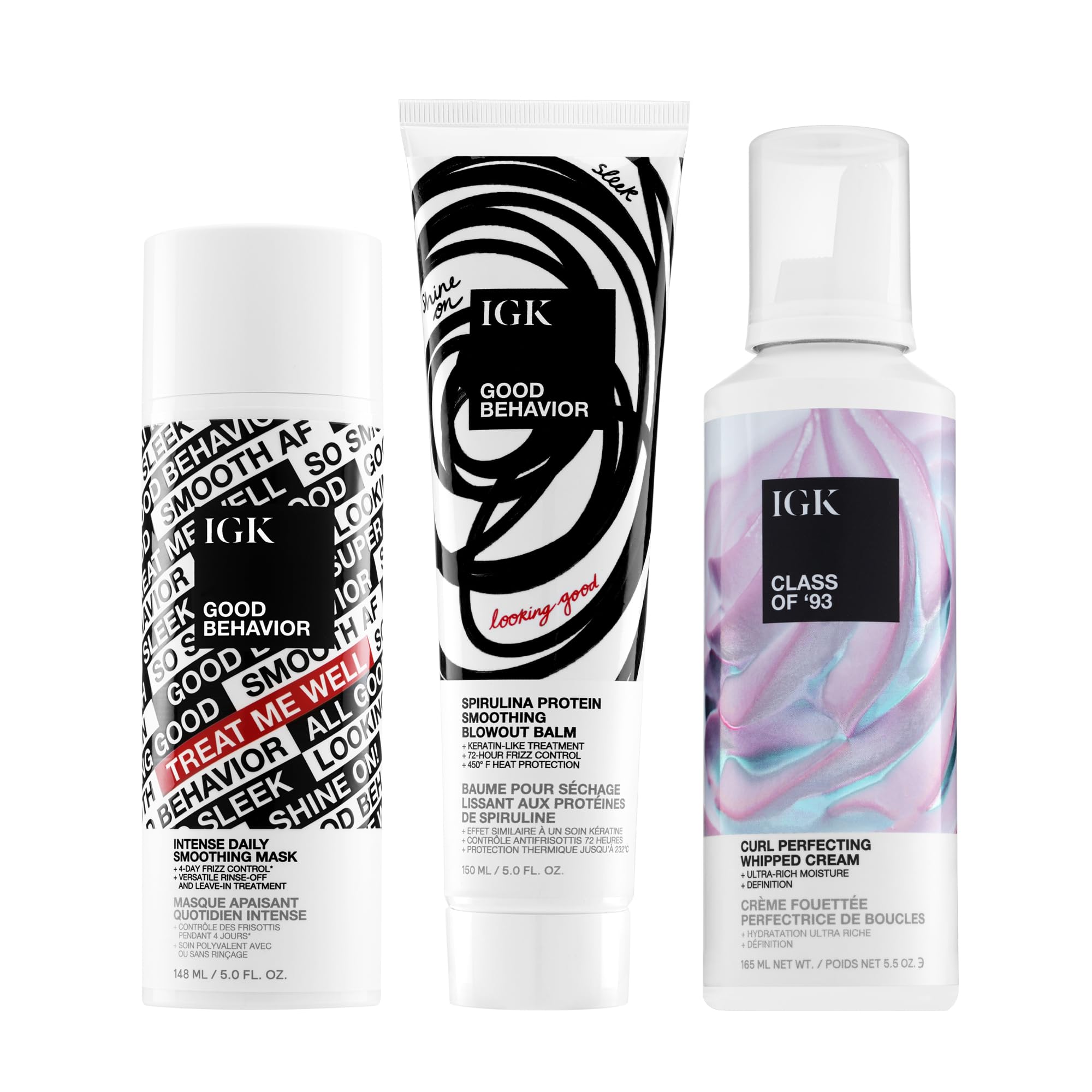 IGK Good Behavior Bonding Mask + Good Behavior Blow Out Balm + Class of ’93 Texture & Hold Cream – Hair Repair & Styling Trio for Frizz Control, Smoothness & Shine – Vegan & Cruelty-Free