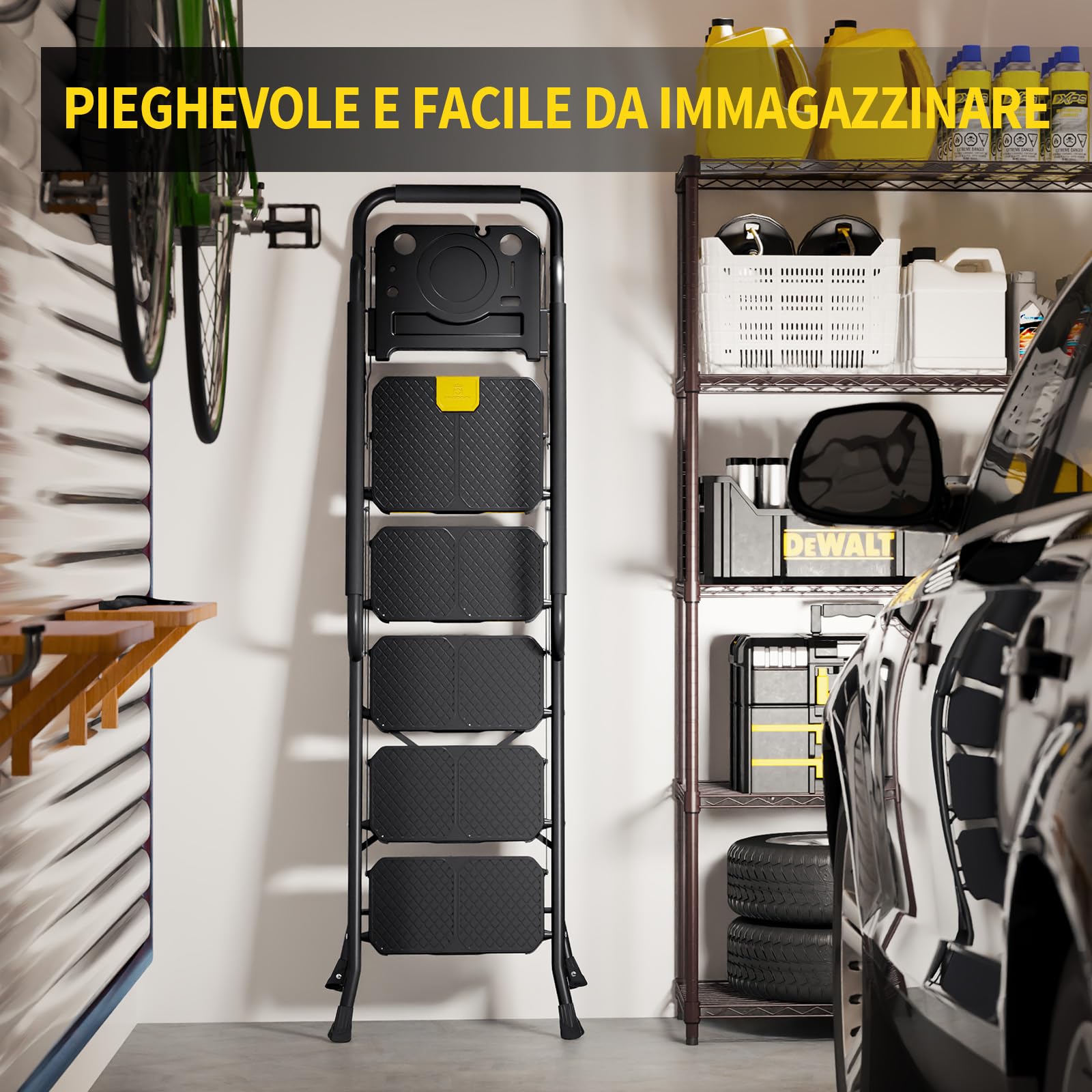 KINGRACK Scaletta 5 Gradini, Scala Pieghevole con Vaschetta Portaoggetti e Corrimano di Sicurezza, Scala Domestica in acciaio con Pedale Largo Antiscivolo, per casa, cucina, dispensa, armadi, ufficio