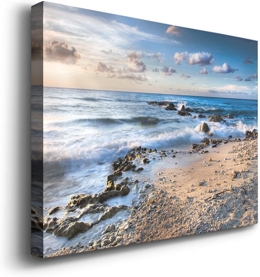 Landscape Wall Art for Living Room Bathroom Bedroom Kitchen, Island Waves Ocean Pictures for Wall Ready to Hang Modern Canvas Home Decoration 12" H x 18" W