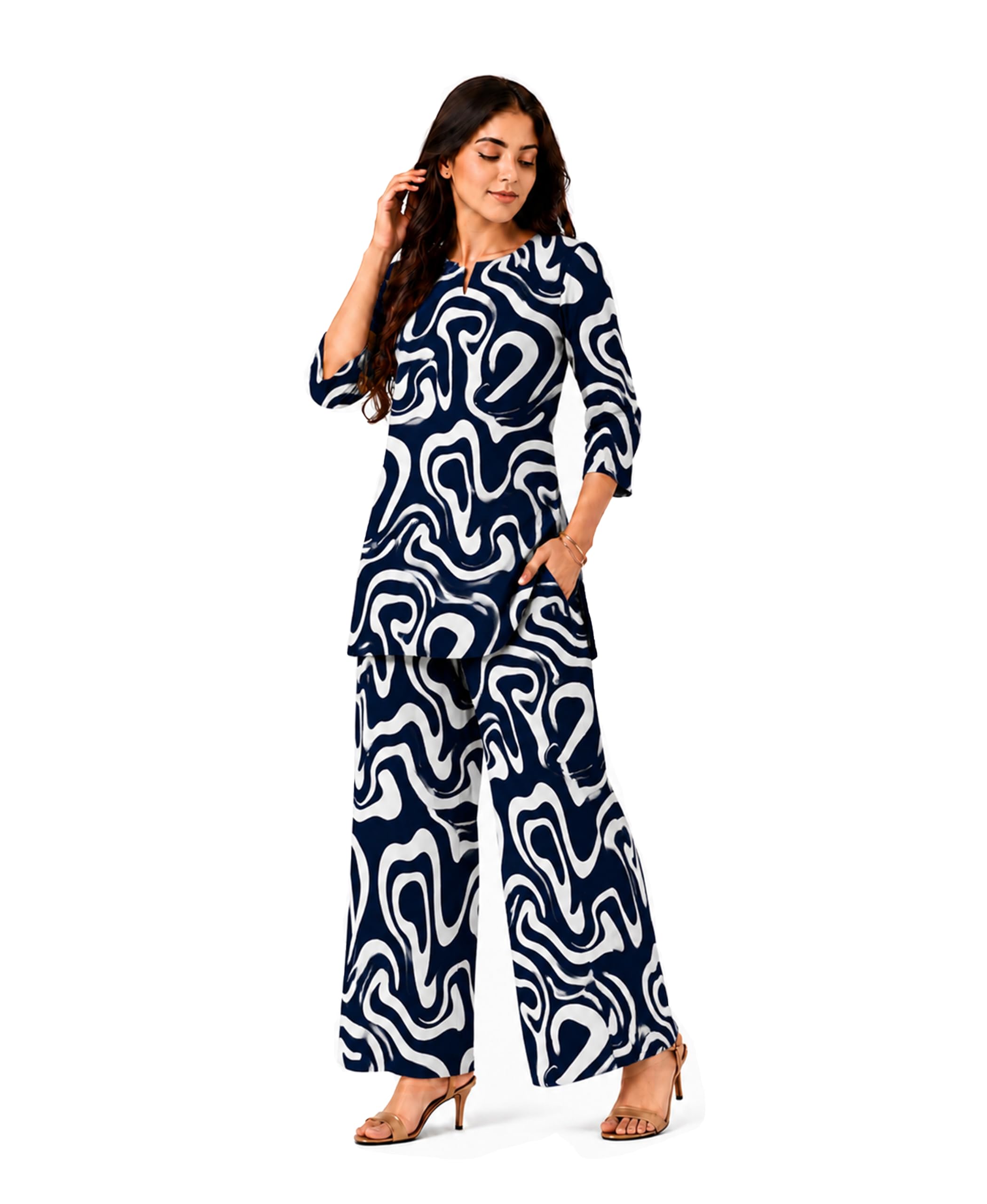 Mystic Curve Women's Maroon Abstract Printed Co-Ord Set | Premium Soft Rayon Matching Top & Wide Leg Pants-picture-43