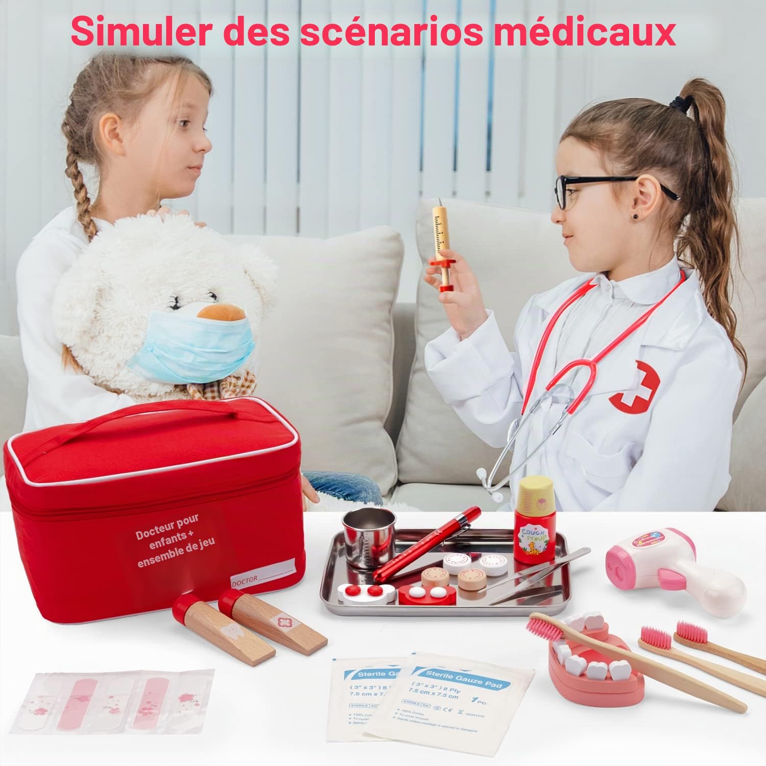 Sundaymot Malette Docteur Enfant Médecin Jouet Bois avec stéthoscope véritable, thermomètre, Mallette de Dentiste, Blouse de Docteur, Cadeau médical de Jeu de rôle Rouge pour Filles garçons 3 4 Ans