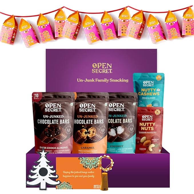 Open Secret Snacks Gifts Hamper Box| Nuts Combo – Cashew Kaju Almonds Badam, Dark Caramel Coconut Chocolate, Lights Lantern, Card, Candle, Gift Box | Healthy Snacks Combo at Rs. 2300