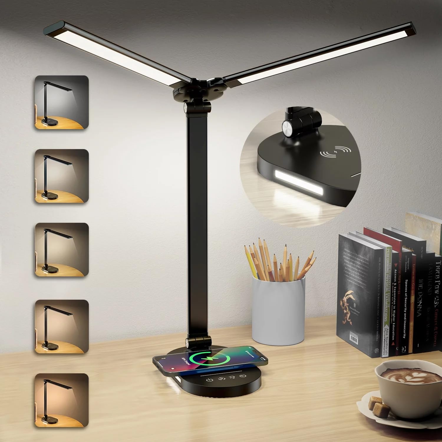 Lampade da scrivania a LED luminose, pieghevoli a doppia testa, con caricabatterie wireless, luce notturna, dimmerabile, lampada da tavolo con controllo touch, luce da scrivania per studio e lettura