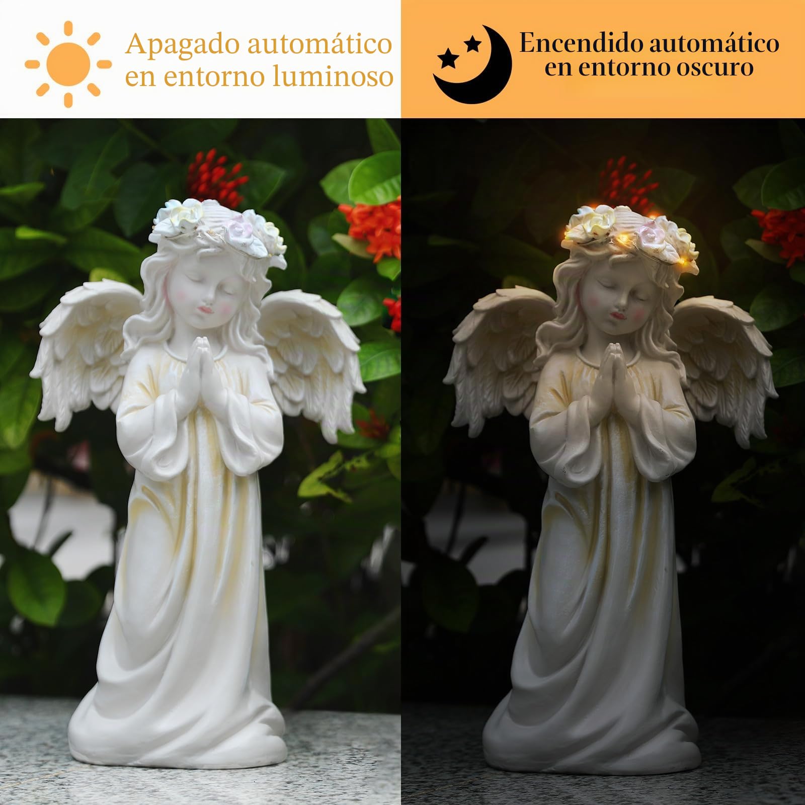 Estatua de Ángel en Oración, Figurita Decorativa de Ángel para Jardín con Luz Cálida Energía Solar, Escultura para Césped Patio Puerta, Decoración al Aire Libre Fiesta Navidad, Blanco
