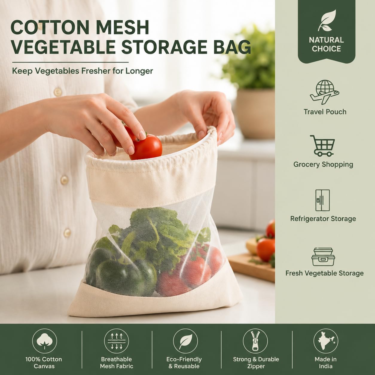 Organic Cotton Produce Bags - Reusable & Washable -13