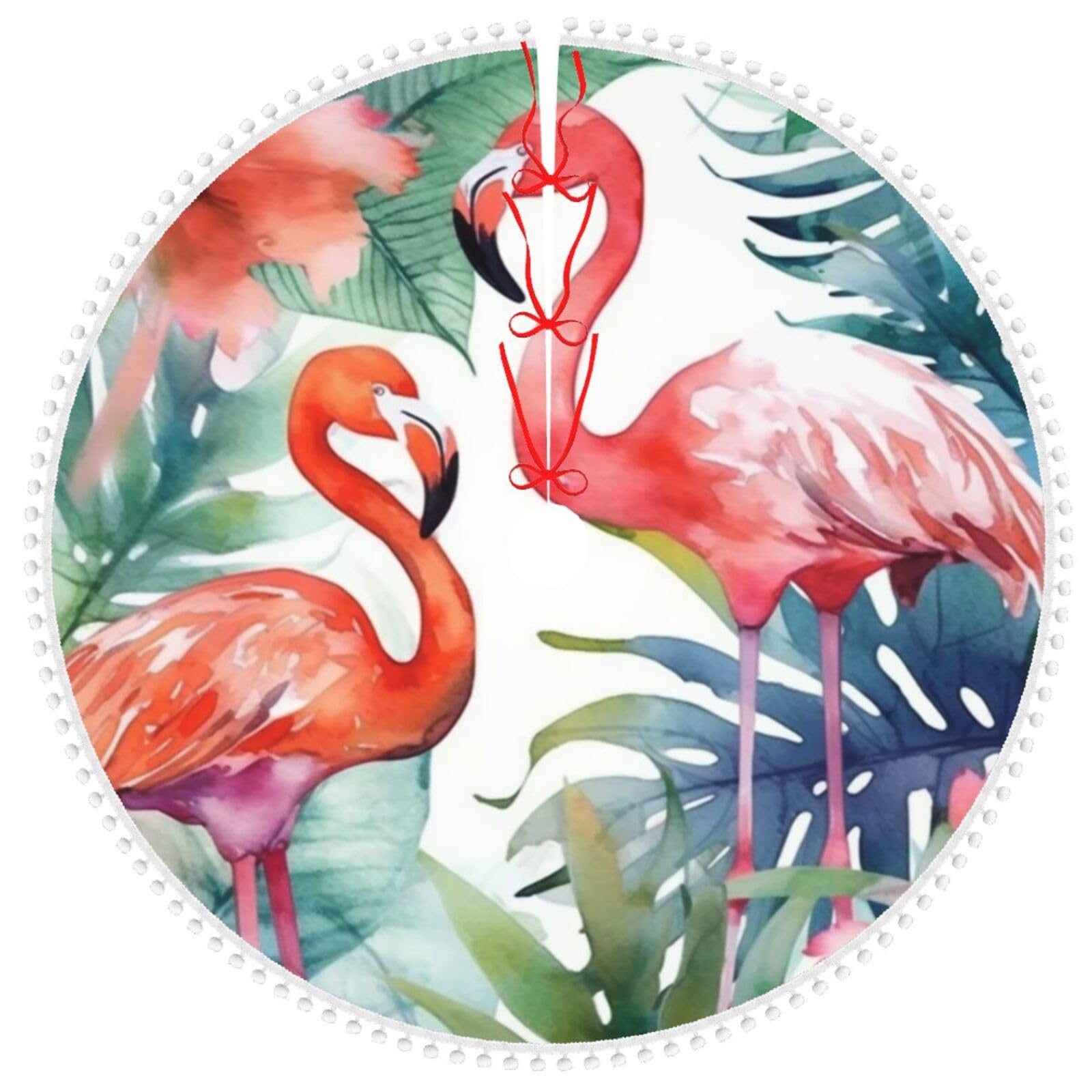 Jupe de sapin de Noël flamants roses 122 cm avec bordure à pompons double couche