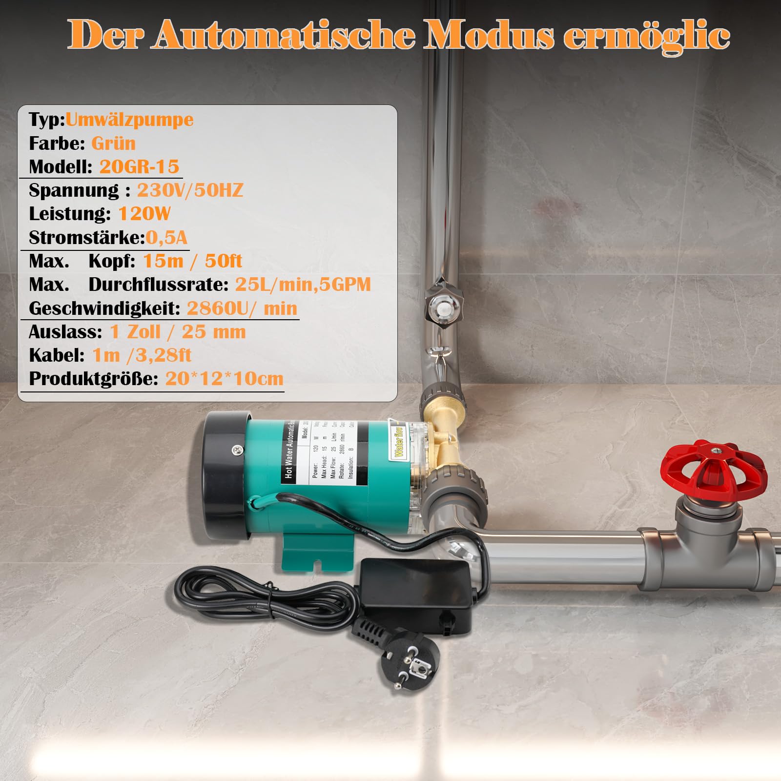 Pompa di aumento della pressione da 120 W, Pompa Booster per Aumento Pressione Acqua per Doccia, Irrigazione Giardino, Lavatrice, Modello 20GR-15, 25 l/min