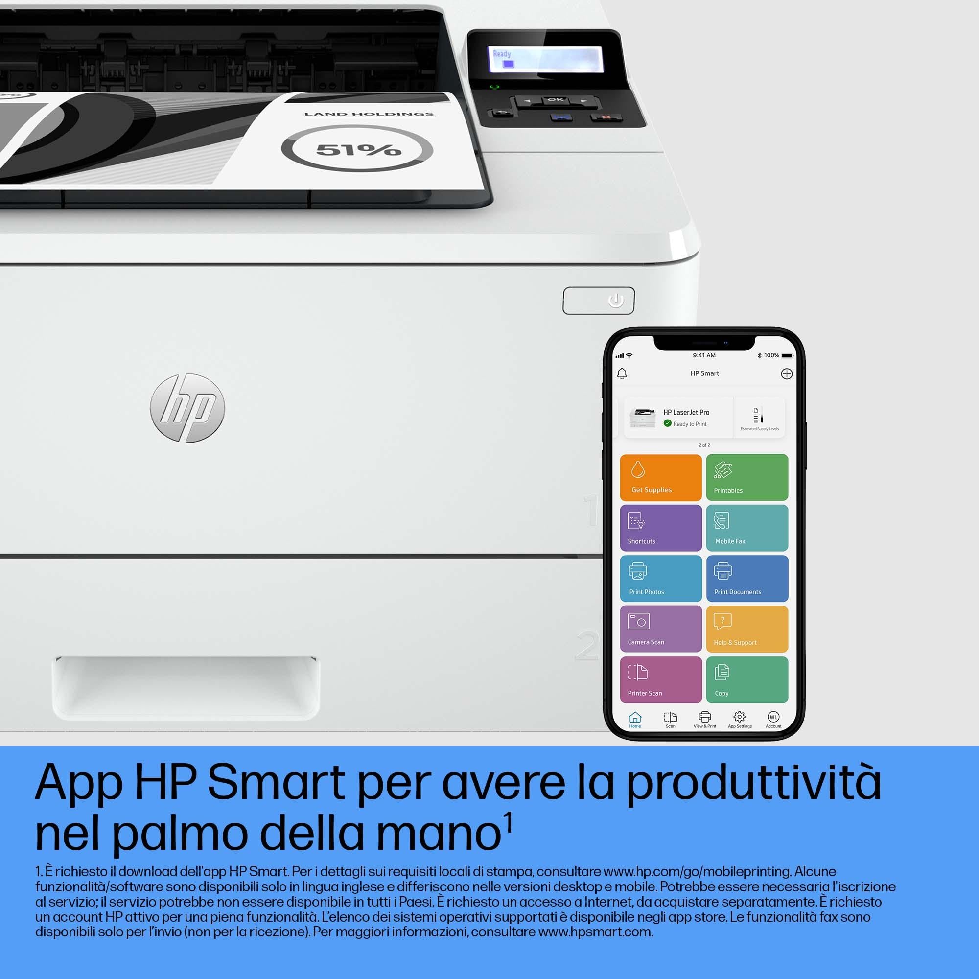 HP LaserJet Pro 4002dne 2Z605E, Stampante a Singola Funzione A4, Stampa Fronte e Retro Automatico in b/n, 42 ppm, USB, USB Host, Gigabit Ethernet, Smart, Bianca