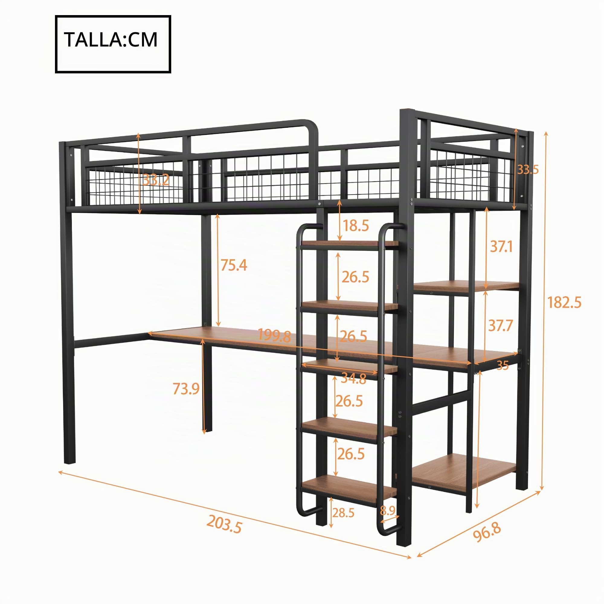 Kebnor Cama alta de metal, escalera de seguridad con peldaños, cama individual, cuna con mesa y estantes, valla de seguridad de malla metálica (sin colchón) (negro, 90 x 200 cm)
