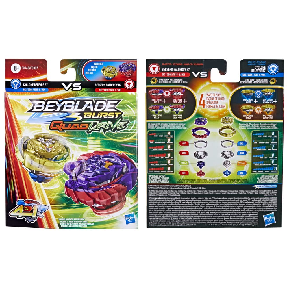 Hasbro Beyblade Burst QuadDrive, Berserk Balderov B7 i Cyclone Belfyre B7, zestaw 2 sztuk, zabawki dla dzieci, od 8 lat