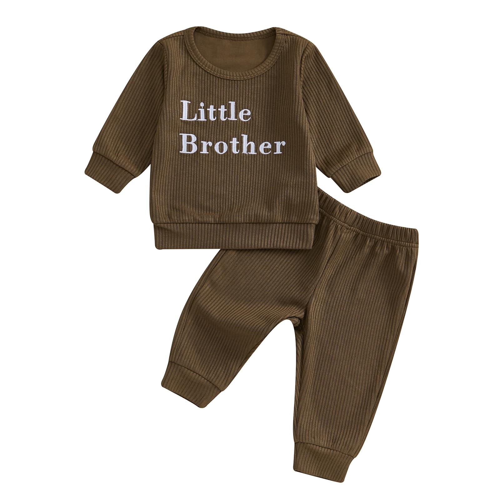 Little Brother Big Brother Matching Outfits Toddler Ribbed Knitted Long Sleeve Shirt Pants Baby Boy Fall Clothes (Brown Little Brother, 0-6 Months)