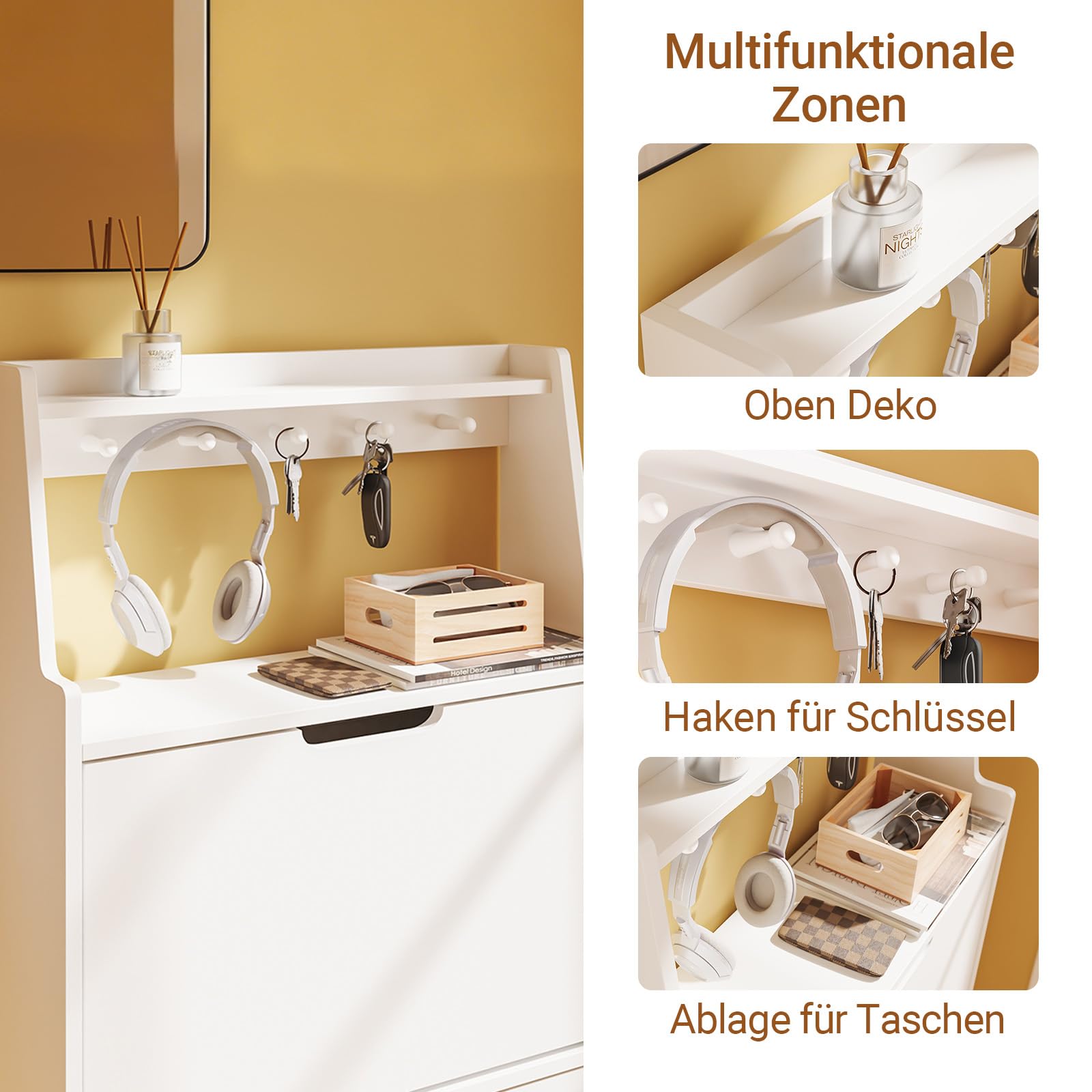 SoBuy Schuhschrank Schmal Schuhkipper Extra Schmale 19 cm Tiefe, Für Schuhe Bis Größe 47, Mit Haken und Offenem Fach für Kleine Wohnung Schmaler Flur Eingangsbereich Weiß 60 x 19 x 119 cm FSR221-W
