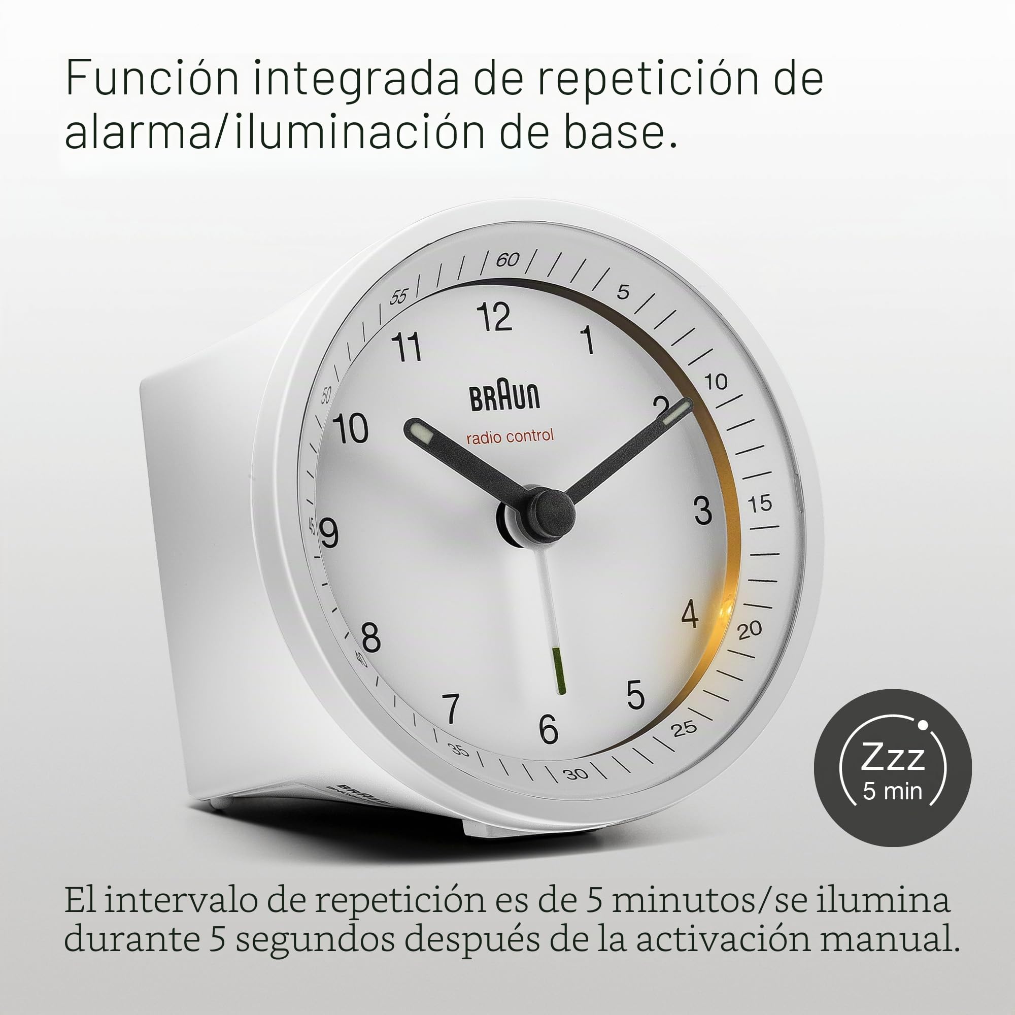 Braun Classic Radio Controlled Analogue Alarm Clock For Central European Time Zone (DCF/GMT+1) with Snooze and Light, Quiet Quartz Movement, Crescendo Beep Alarm in White, Model BC07W-DCF.