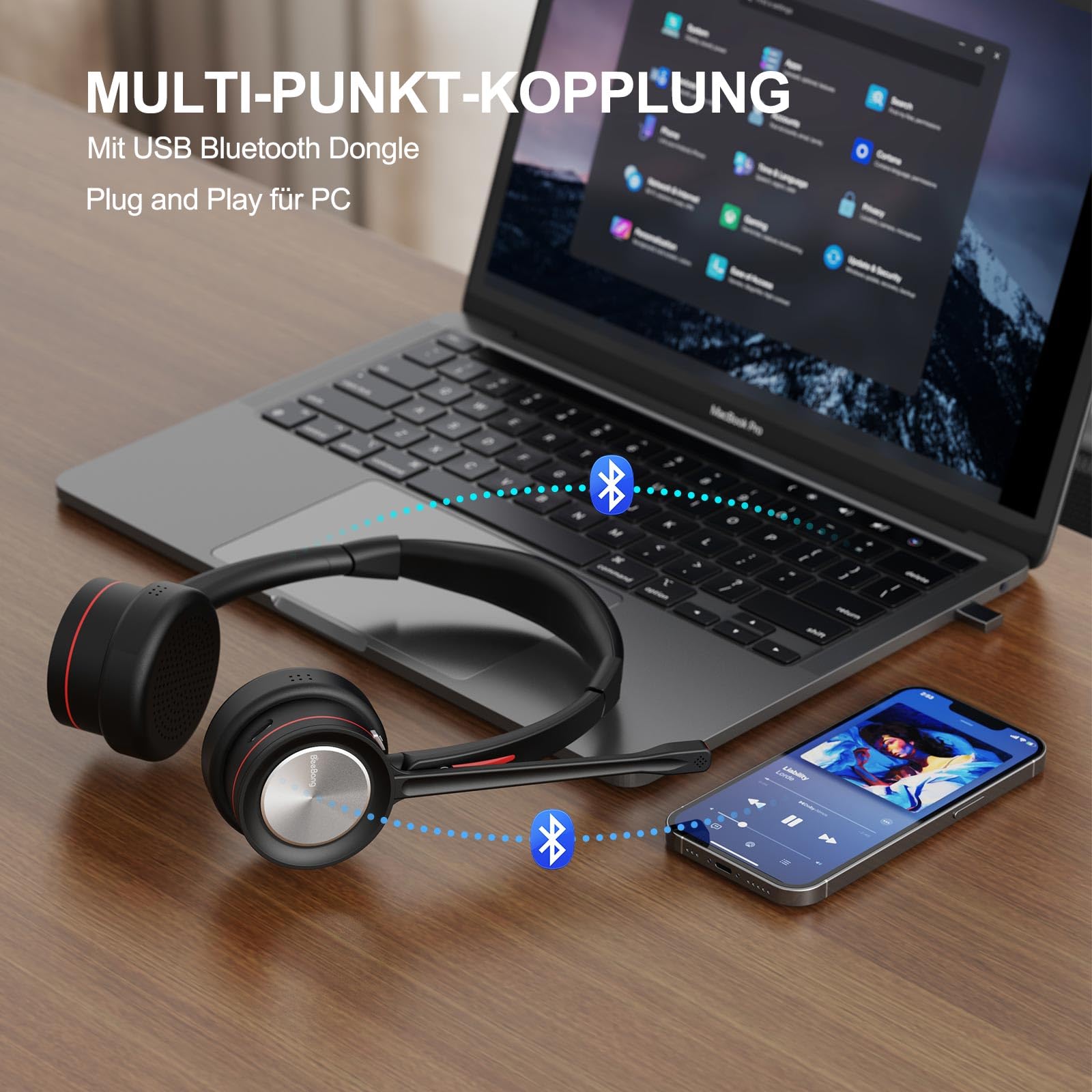 Headset mit Mikrofon Kabellose, Bluetooth Headset für PC Laptop, Noise Canceling Wireless mit Mikrofon Stummschaltung & USB-Adapter für Computer Teams Telefon Call Center Büro