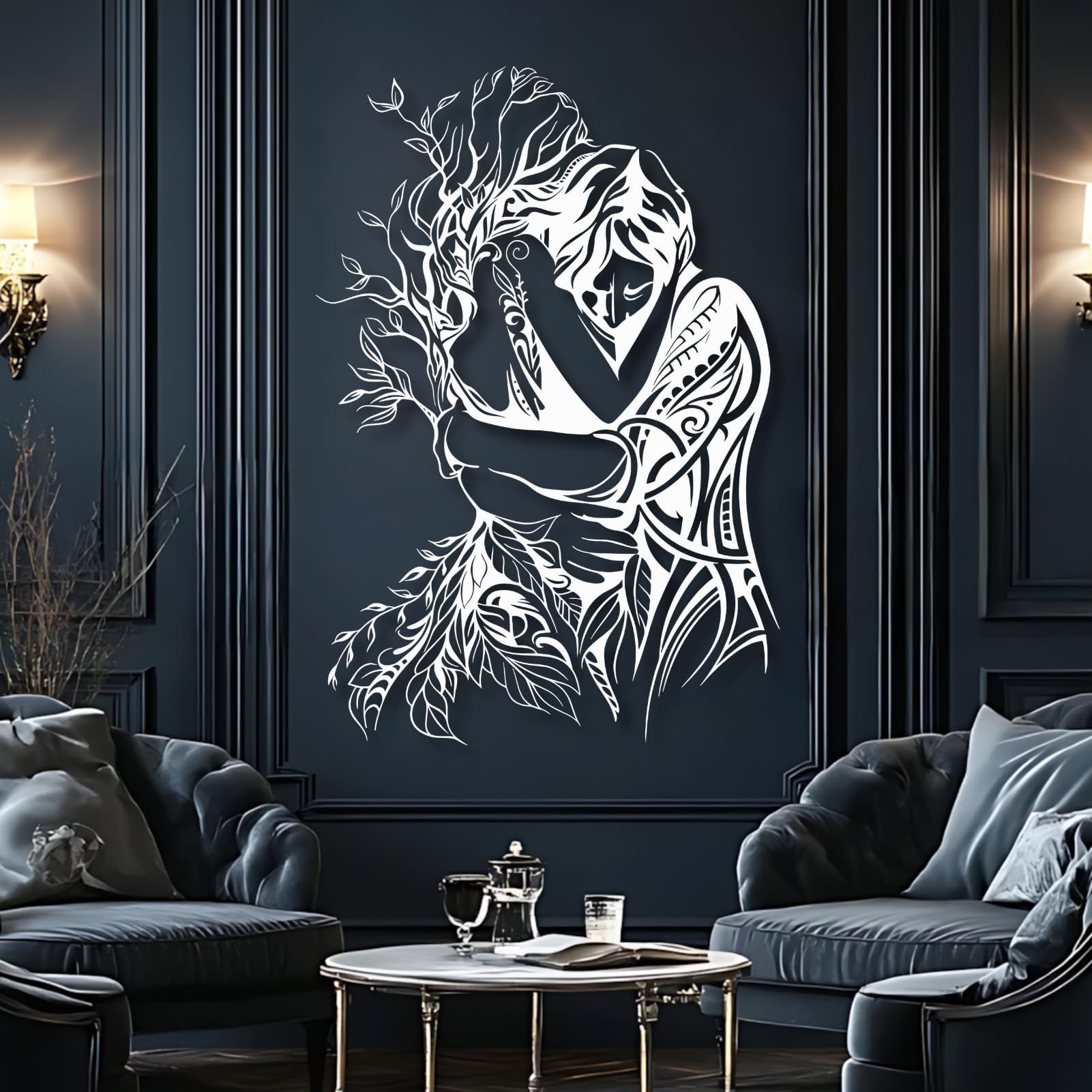Romantisches Wandbild aus Metall, schwarzes Pärchenmotiv, Wanddekoration aus Metall, Wanddeko für Schlafzimmer, Wohnzimmer, Flur und Treppenhaus, Natur-Wohndeko (Schwarz, 61 x 41 cm)