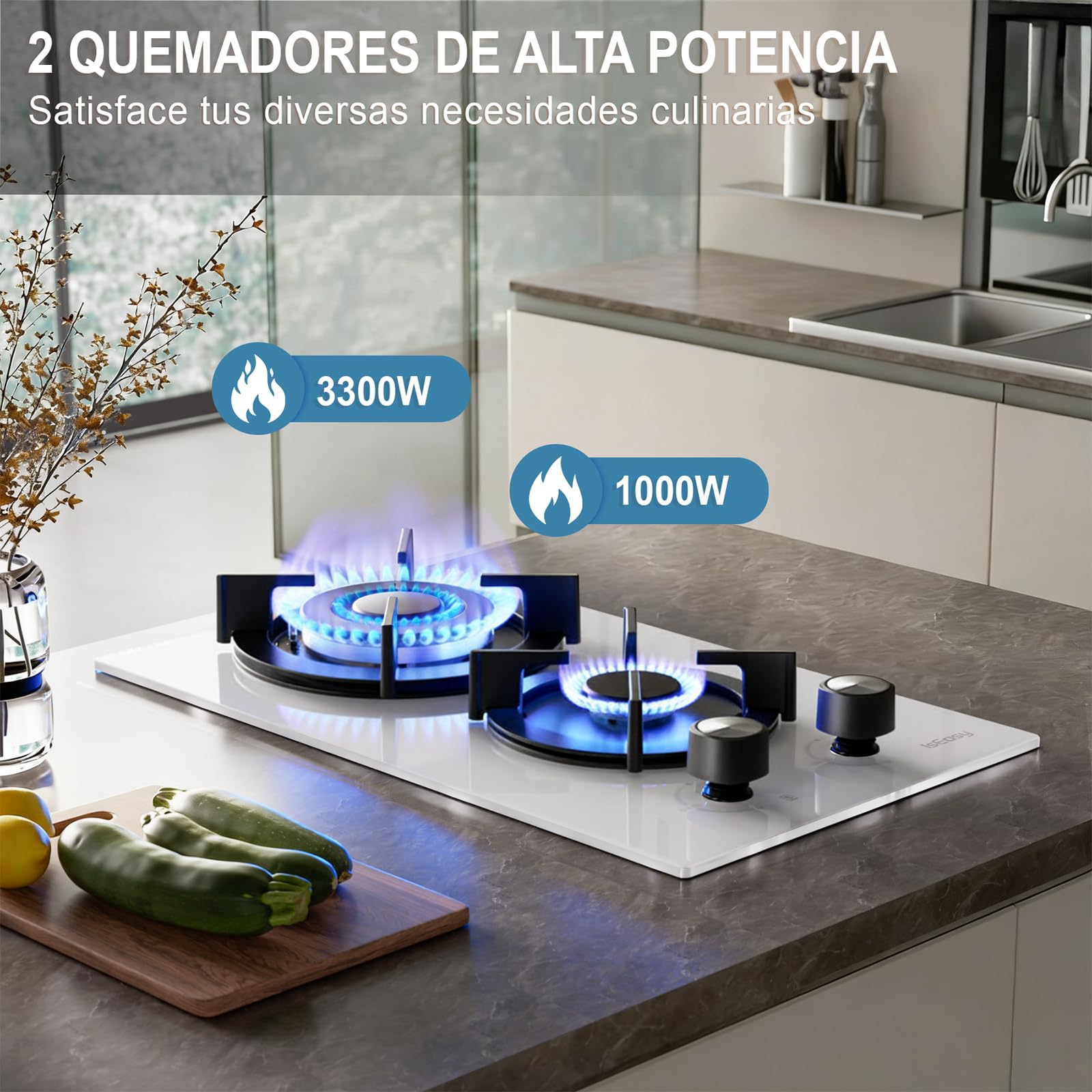 IsEasy Placa de Gas 2 Fuegos Blanco, Encimera de Gas Butano/Natural/Propano, 4300 W, 31 cm, Cocina Empotrable, Cristal Blanco