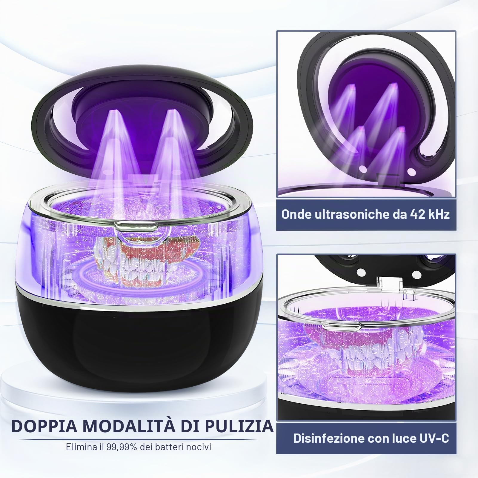 Aoskie Pulitore a Ultrasuoni 42kHz 30W con Lampada UV, 180ML – Pulizia Profonda per Protesi Dentarie, Allineatori, Paradenti, Gioielli e Testine per Spazzolino – Ideale per Casa e Viaggio
