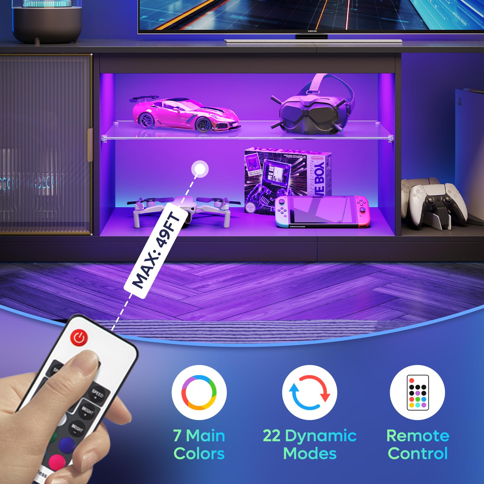 Bestier Mobile TV moderno per TV da 75/80 pollici,centro di intrattenimento a LED ante in acrilico e ripiano in vetro regolabile,console TV multimediale da 70",per soggiorno,fibra carbonio nera