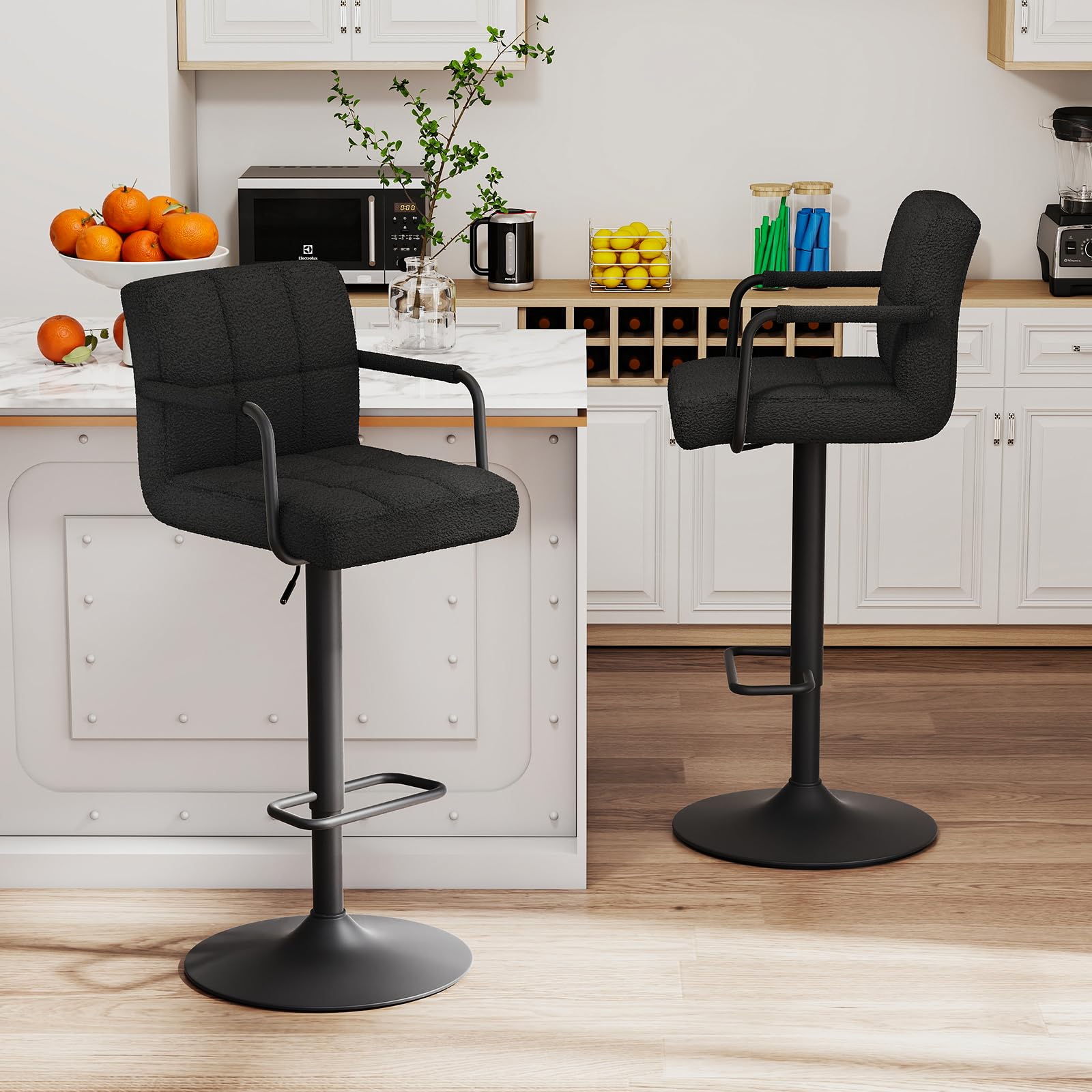 Barhocker 2er-Set, Höhenverstellbarer Barstuhl 360° Drehstuhl Küchenstuhl, Barhocker mit Lehne und Armlehne, Verstellbarer Hydraulische Hocker für Küche und Esszimmer, Kunstfell Schwarz