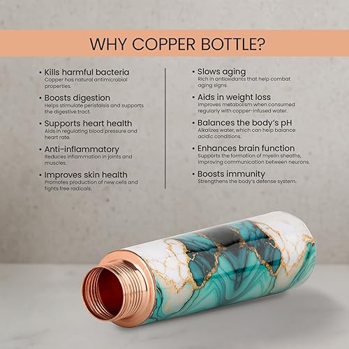 Miniatura 5 de Botella de agua 100% cobre  Botella ayurvédica hecha a mano con elegante acabado de mármol de malaquita  Sin BPA, a prueba de fugas, 32 onzas  para