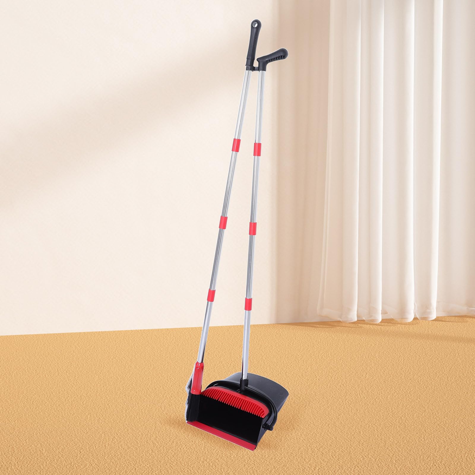 POPETPOP Escoba Plegable Portátil con Recogedor de Plástico y Acero Inoxidable con Dientes Autolimpiables para Suelos de Madera y Baldosas Adecuado para Apartamentos y Habitaciones