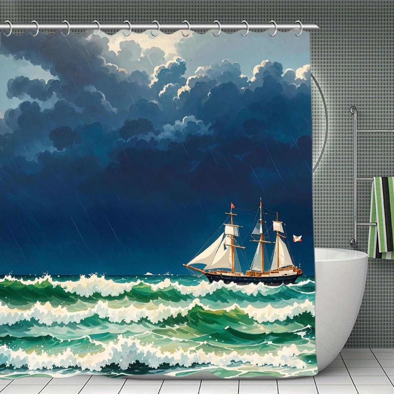 QMNLKH Stormy Waves Vintage Sailboat Shower Curtain with Hooks, Waterproof Bath Curtains for Bathroom, Lightweight Bath Curtains Liner for Hotel, Personalized Bath Curtain for Spa, 70.8 Inch
