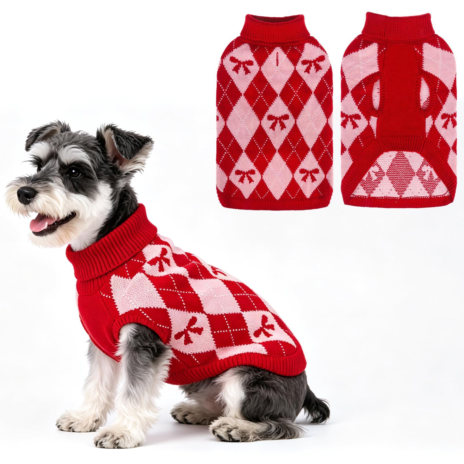EXPAWLORER Turtleneck Knitted Dog Jumper in Argyle, Bow XS
