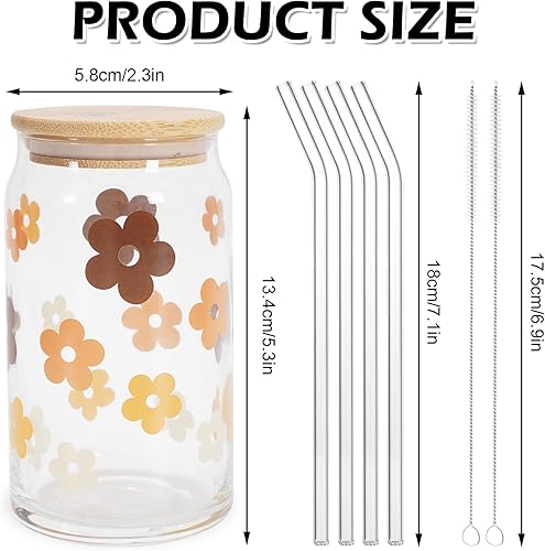 Miniatura 2 de Whaline 4 vasos de bebida con tapas y pajita, 16 onzas, diseño de margaritas bohemias, para café, café, con diseño de flores, hippie, retro, para
