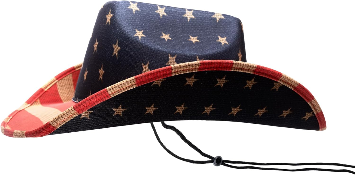 Windy City Novelties Vintage Tea-Stained American Flag Cowboy Hat – Small 21" with chin strap - Image 3