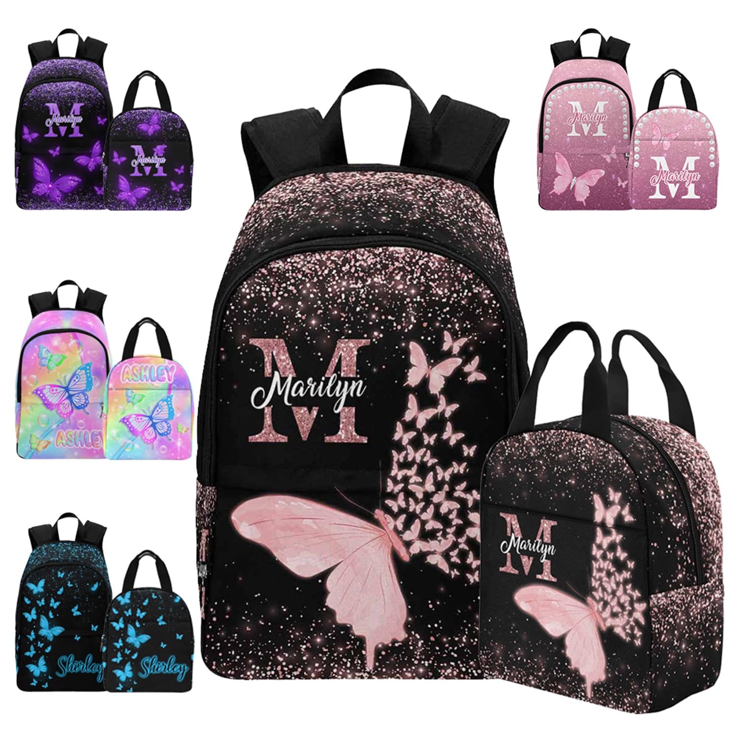 VPrtious Custom Backpack and Lunchbox for Girls, Personalized Butterfly School Backpack for Girls, Customized Kids Schoolbag Bookbag for Elementary