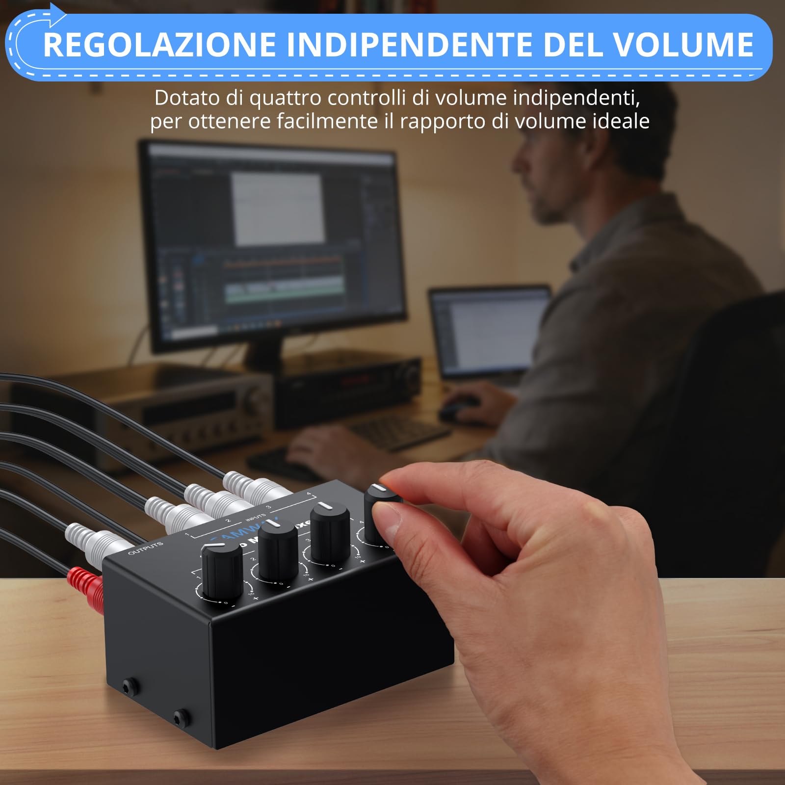 CAMWAY Mixer Passivo 4 Canali,Mini Mixer Audio Stereo Non Alimentato con 4 Ingressi RCA,Controllo Volume Separato Connettori Dorati per Amplificatori Ingressi Audio per DVD/Altoparlanti/Soundbar
