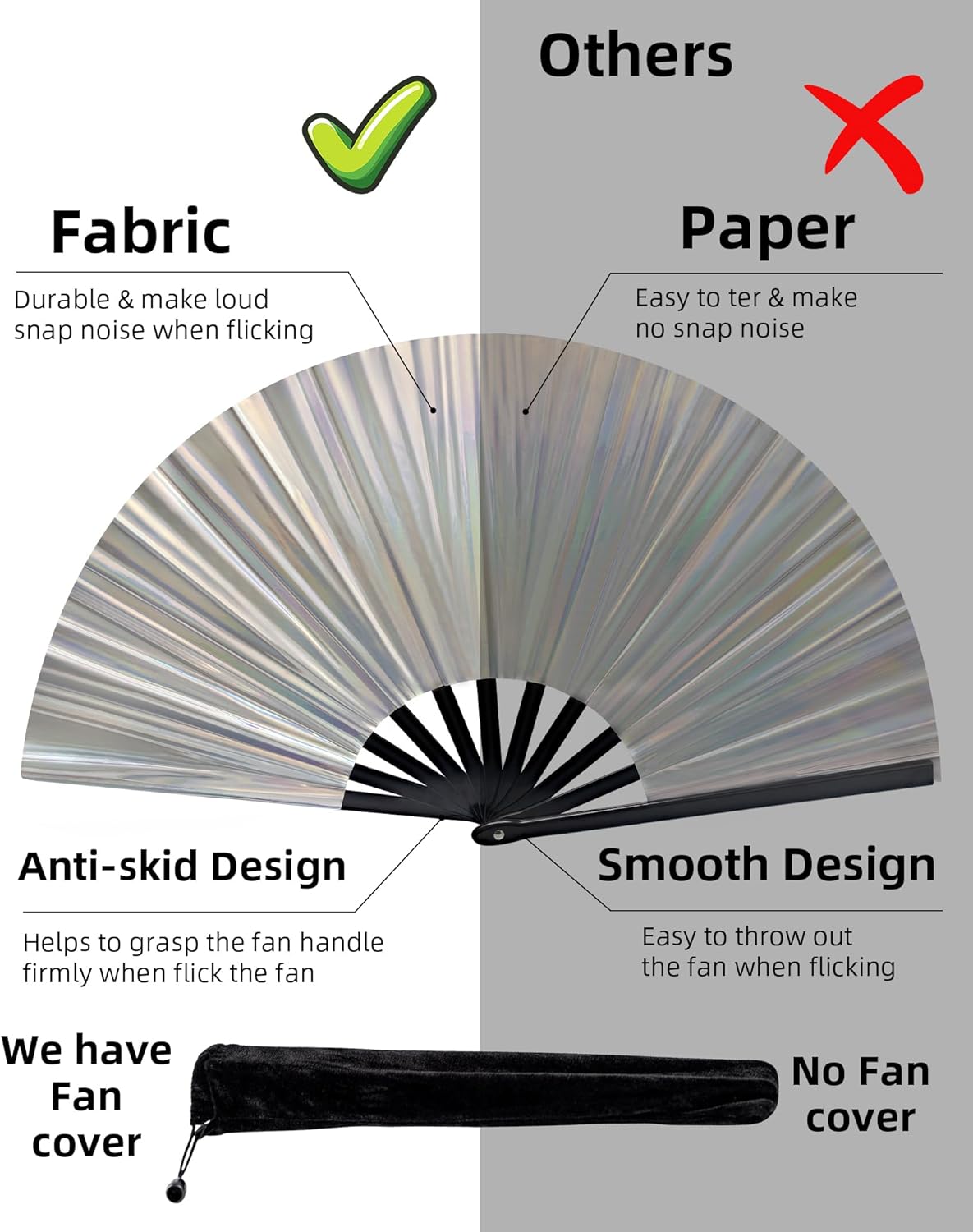 2PCS Wholesale 13IN Iridescent Silver Large Popping Hand Fan for Line Dancing Clacking Premium Silk Boots On The Ground Hand Fan Chinese Rave Fan for Women Dancer Drag Queen Anyone in Party Beach