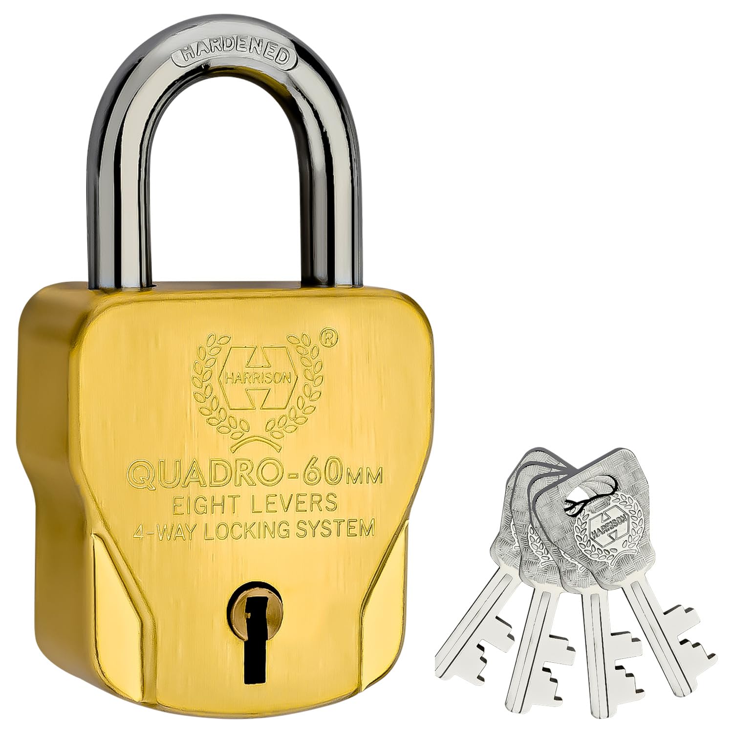 Harrison Square Padlock 60mm 8 Lever with 4 Keys QUADRO-5563 Pack of 1/ Mild Steel Material/ Brass Lacquered Finish/ Door, Shutter, Godown, Gate Lock
