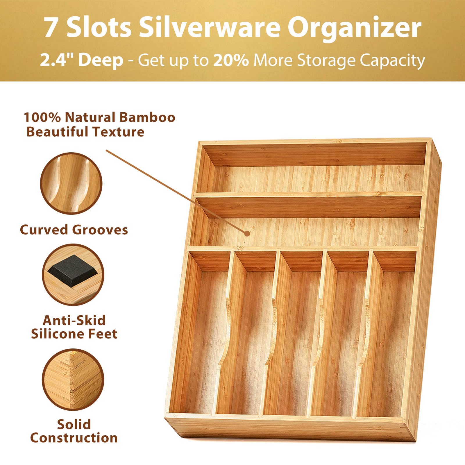 Umilife Organizer per cassetti da cucina, vassoio porta utensili per argenteria, extra profondo, con piedini antiscivolo e divisori scanalati, 7 scomparti in legno di bambù per posate e coltelli