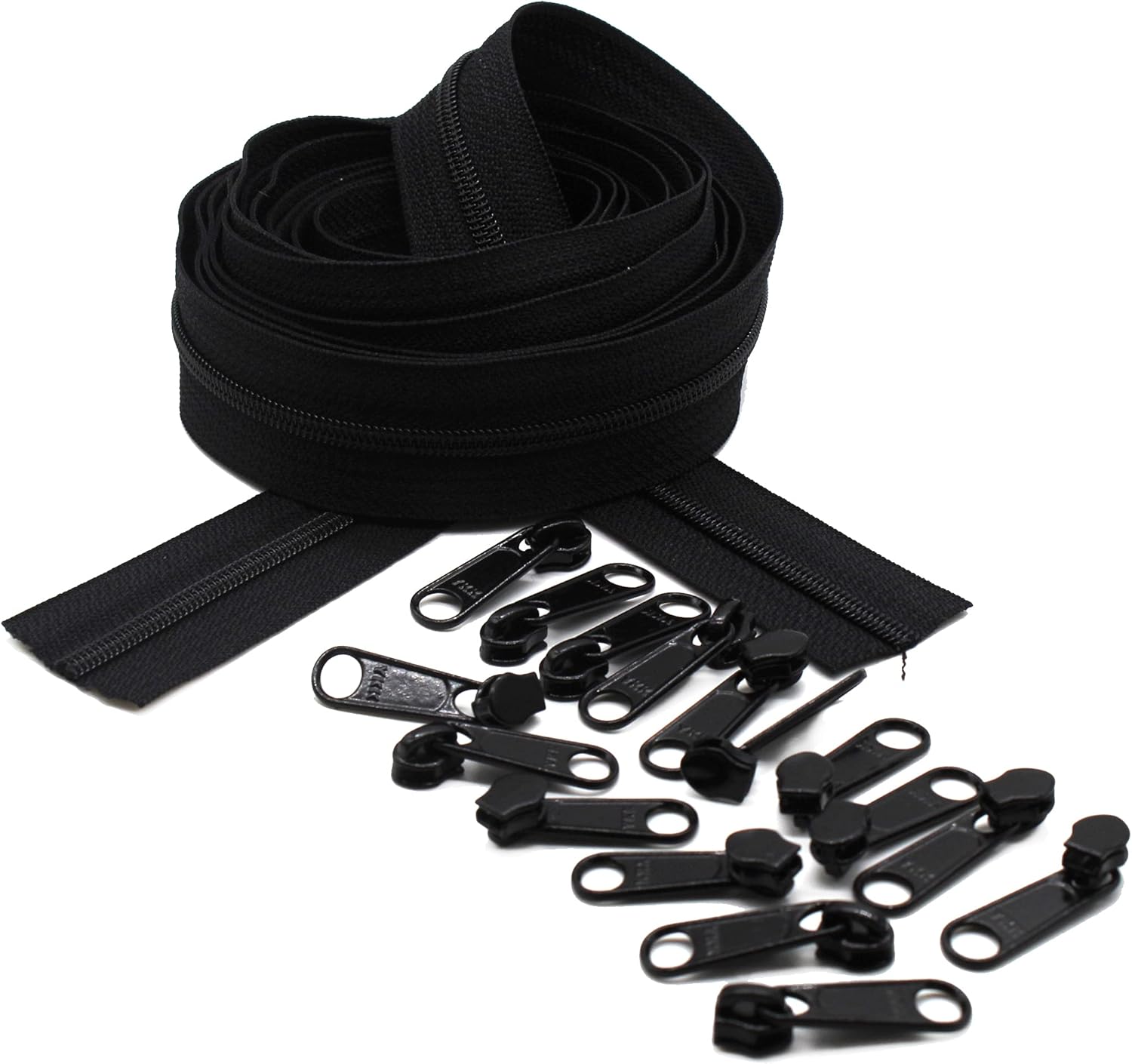 YKK® Zippers by Yard, #4.5 Coil Zippers Chain with Pulls Made in USA (4-Yards of Zipper Tape and 16 Pulls, Black)