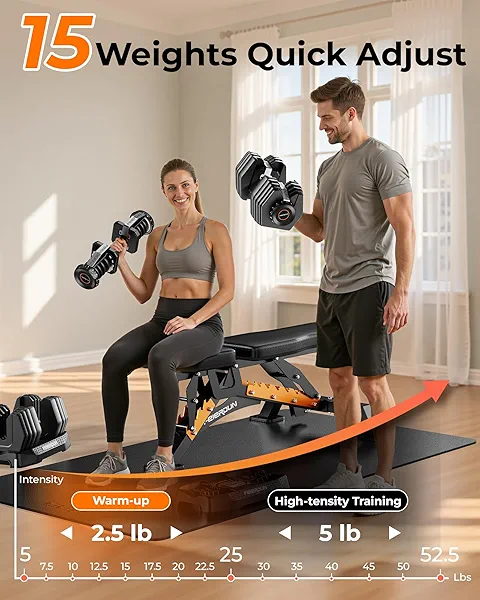 FEIERDUN Adjustable Dumbbell Set, 5-52.5lb Free Weight Dumbbells, 15 in 1, Quick Adjust Weight Set with Non-slip Handles and Tray, Dumbbells for Home Gym Exercise Strength Training, Unisex
