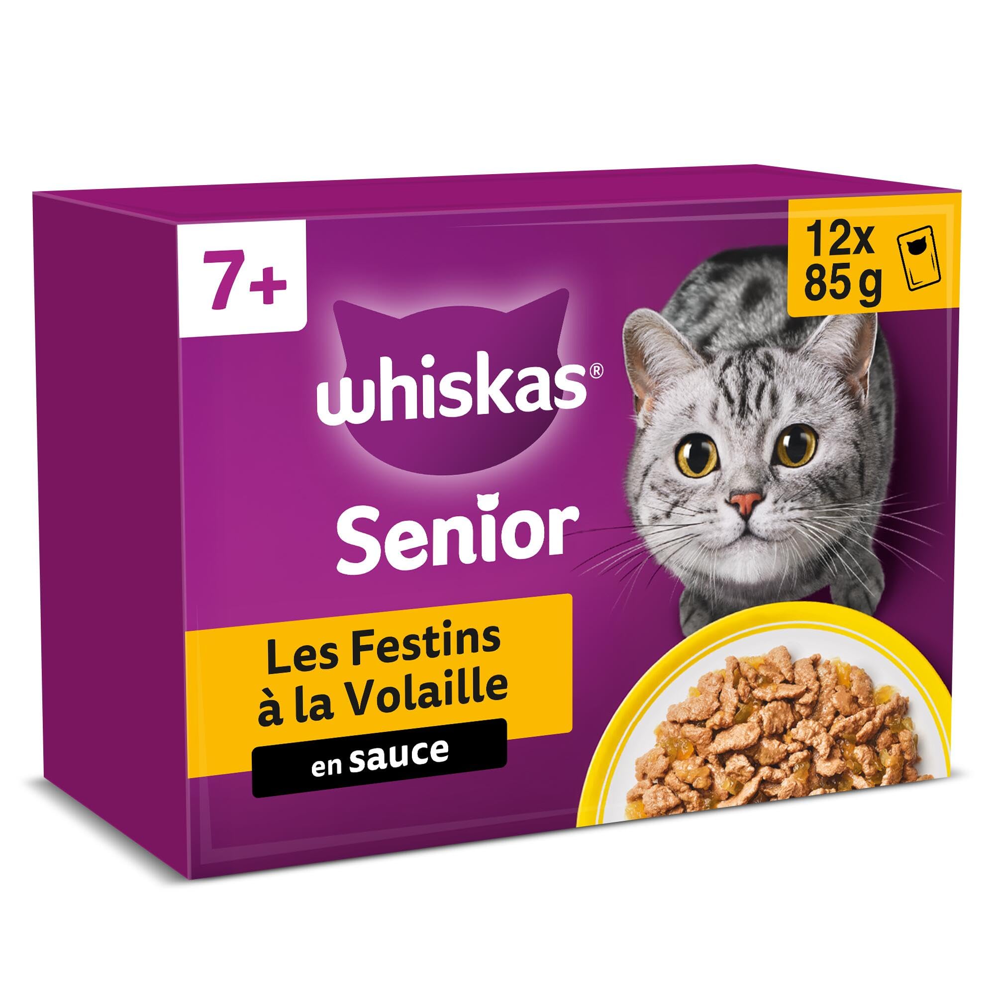 WHISKAS Aliment humide en sauce Chat senior 7+ 12x85g Festins à la Volaille (Lot de 4) 48 Sachets