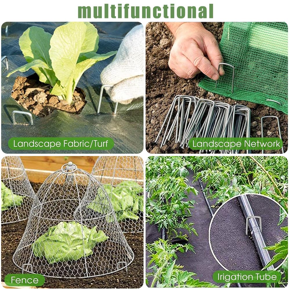 100 Piquetas+100 Arandelas+1recoger Gancho+1 martillo,Clavijas de Jardín en Forma de U,Estacas de Jardín Antirust,Clavos Jardín,Grapas Césped Artificial,Grapas de Jardín para Malla Antihierbas