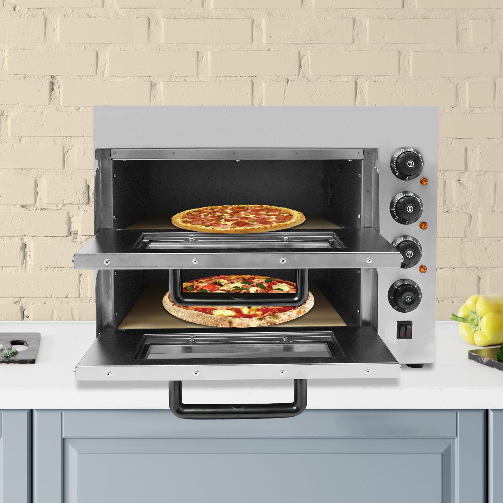 Kommerzieller Elektrischer Pizzaofen 2-lagig 50-350℃ Backofen Pizzaofen, 3000W Mehrzweck-Pizzamaker Indoor Gastro Steinbackofen für die Arbeitsplatte