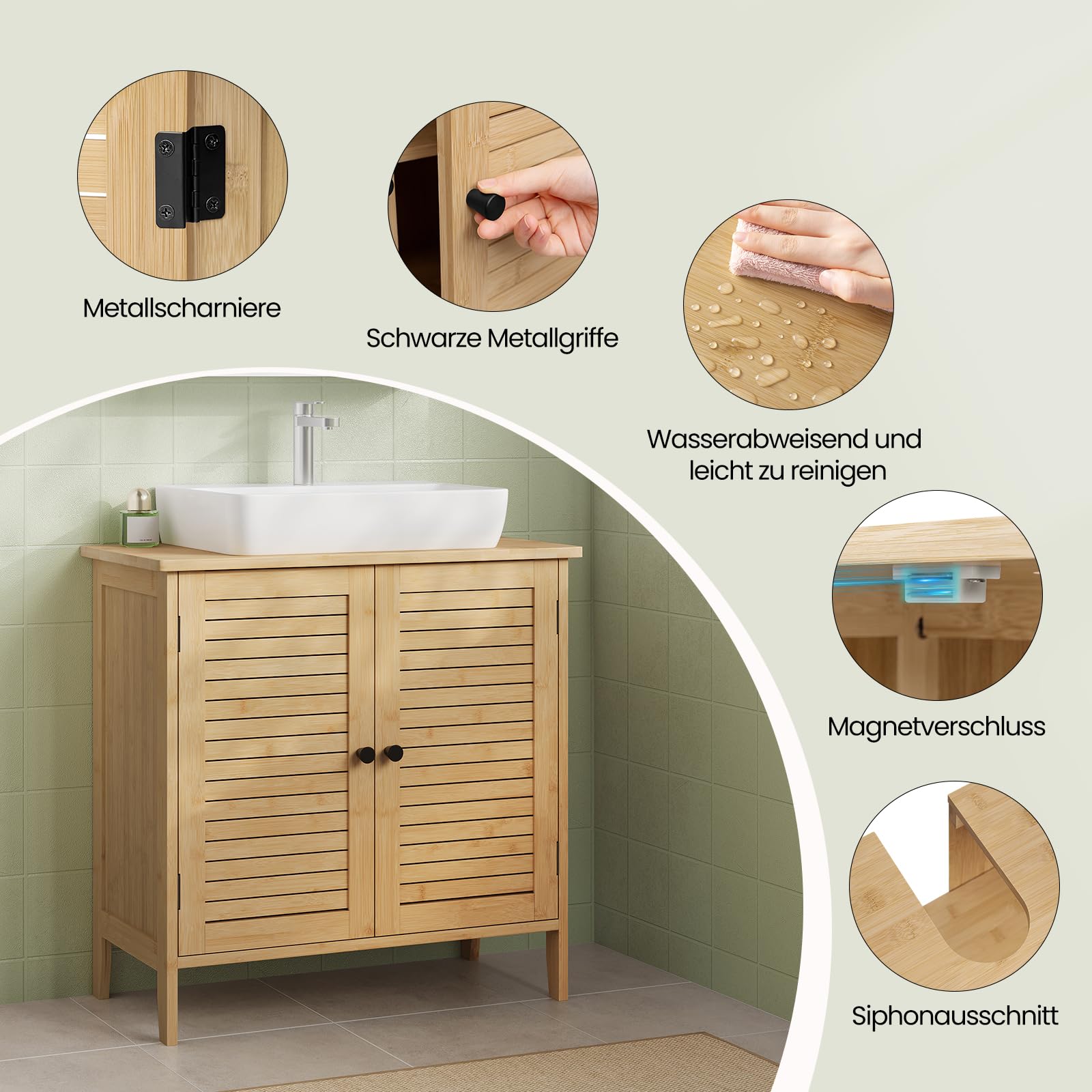 EUGAD Waschbeckenunterschrank Bambus, Badezimmer Unterschrank, 60 x 60 x 30 cm, Waschtischunterschrank mit 2 Lamellentüren 1 Verstellbare Ablage, Natur