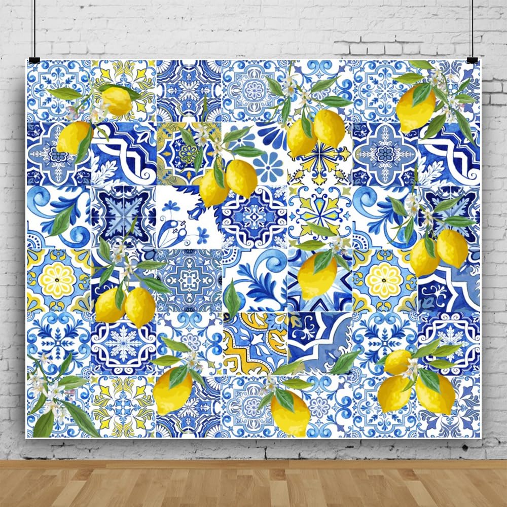 Pnylzzyxh Blue Tiles Lemon Backdrop Summer Fruit Baby Shower Birthday Party Backdrop Tile Lemon Wall Paper Dessert Table Supplies Backdrop Banner
